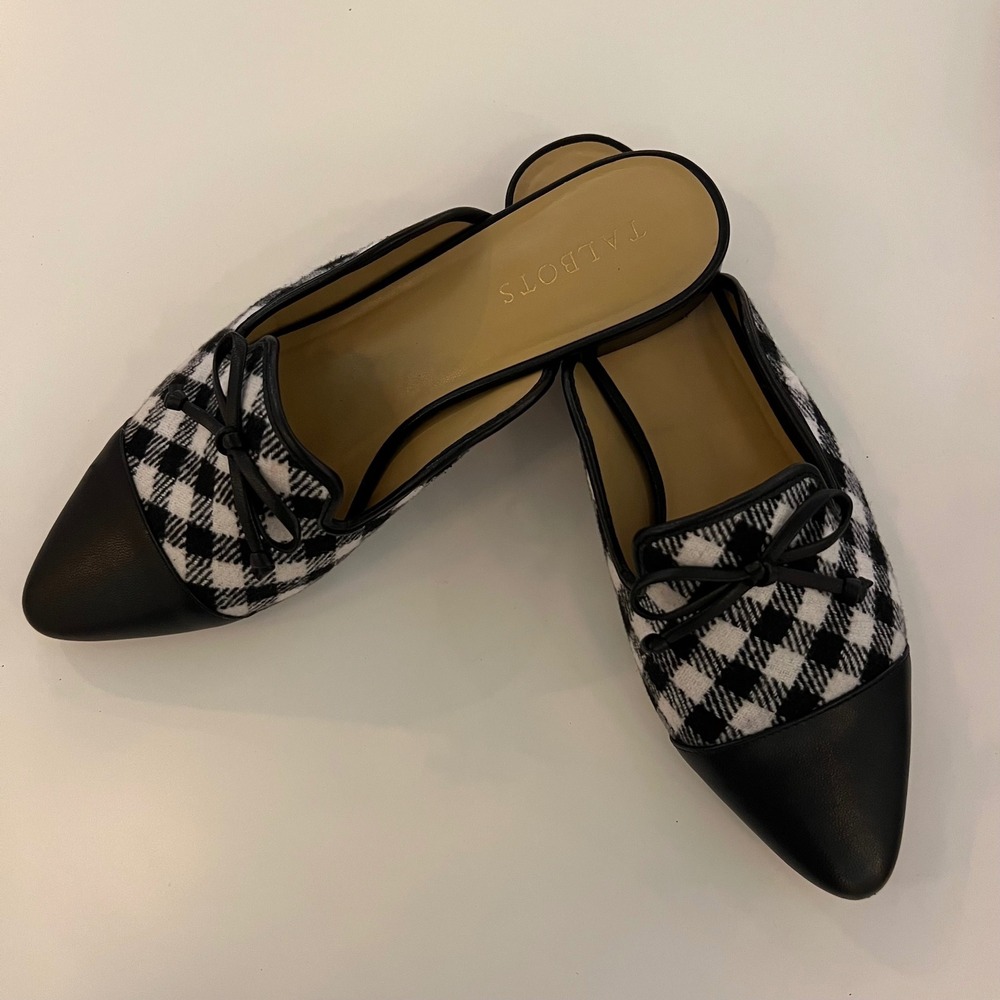 Talbots Edison‎ Plaid Mules Black White Bow Accent Leather Sole 8.5M
